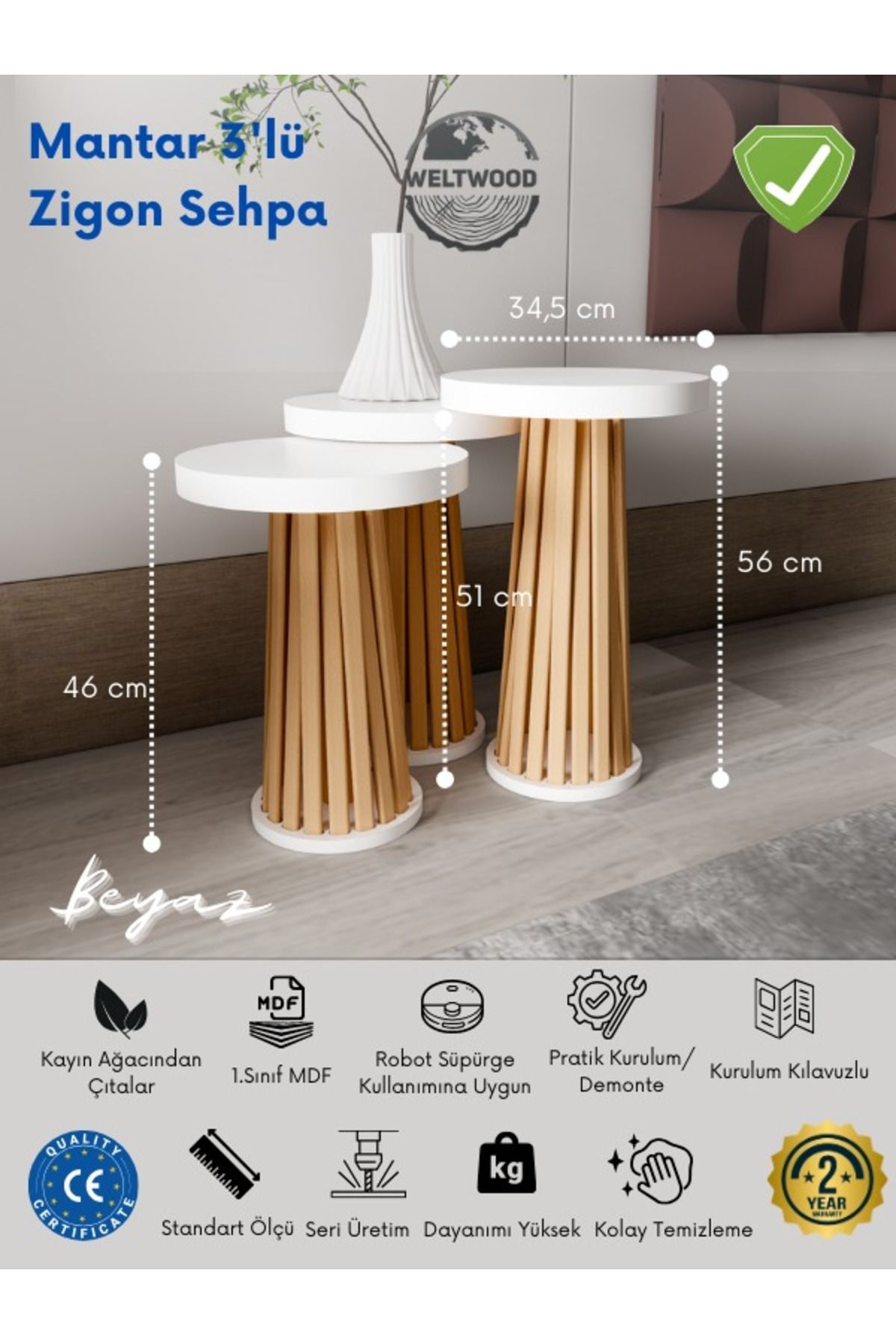 Bebekonfor Weltwood Mobilya Mantar 3'lü Zigon Sehpa