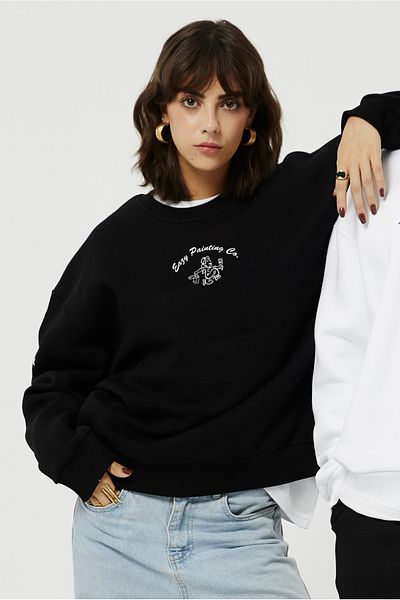 Eazy Co Eazy Painting Co Oversize Unisex Black Crew Neck Thick Sweatshirt