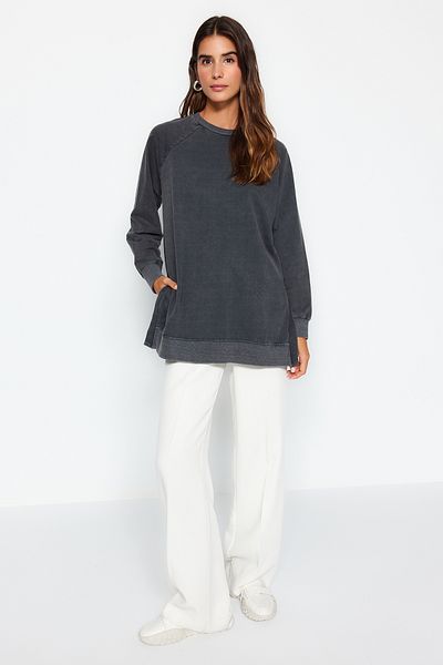 Trendyol Modest Anthracite Washed Oversize Knitted Sweatshirt with Side Slit Detail Tctss23Tw00062