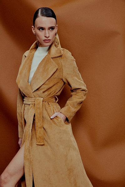 Sateen Trench lung din catifea - GALBEN