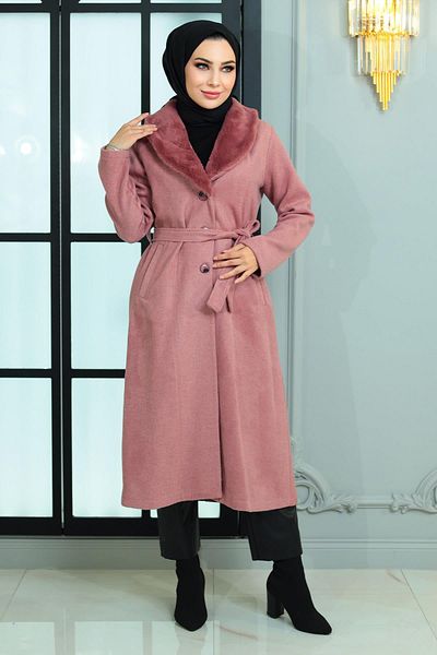 Modamihram Wide Fur Collar Cashmere Coat Dusty Rose 19174