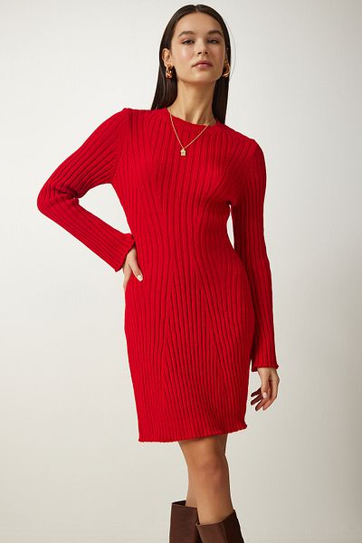 Happiness İstanbul Rotes schnurgebundenes A-Linien-Strickkleid für Damen MT00146