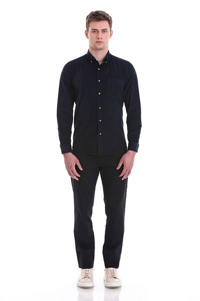 Hatemoğlu Navy Blue Slim Fit Plain 100% Cotton Buttoned Collar Long Sleeve Classic Shirt