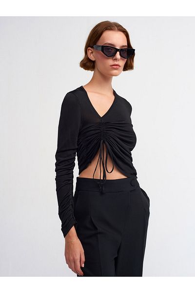 Dilvin 10364 Pullover mit seitlichem V-Ausschnitt vorne, Schwarz
