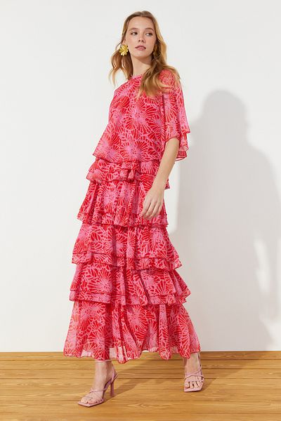 Trendyol Modest Pink Floral Skirt Layered Chiffon Woven Evening Dress TCTSS24DB00007