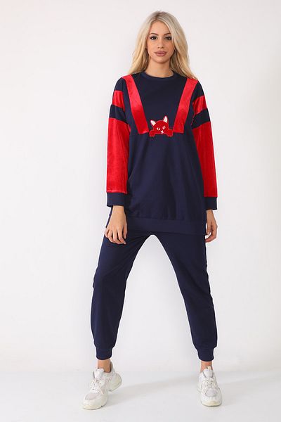 WestBound Women's Navy Blue Velvet Garnished Cat Tracksuit