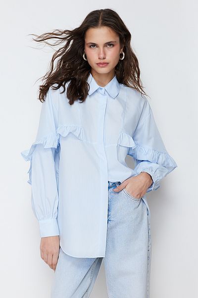Trendyol Modest قميص منسوج من القطن بتفاصيل كشكش أزرق TCTSS24TG00019