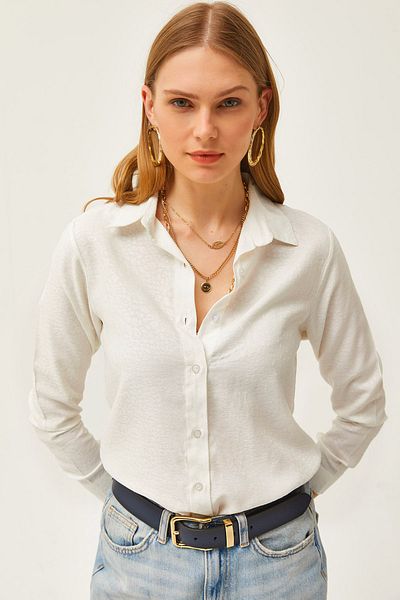 Olalook Női leopárd ekrü jacquard szatén részletes szőtt ing GML-19001173