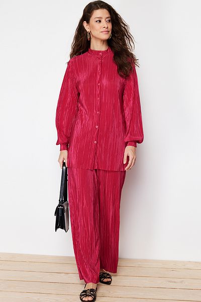Trendyol Modest Fuchsia Pleated Knitted Top and Bottom Set TCTSS24US00040