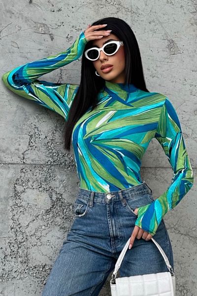 Bipantolon Body de damă verde albastru cu frunze lungi cu modele de degete