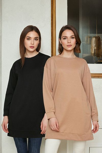Trendyol Modest Schwarz-Hellbraunes 2er-Pack Basic-Strick-Sweatshirt mit Rundhalsausschnitt TCTAW22TW0152