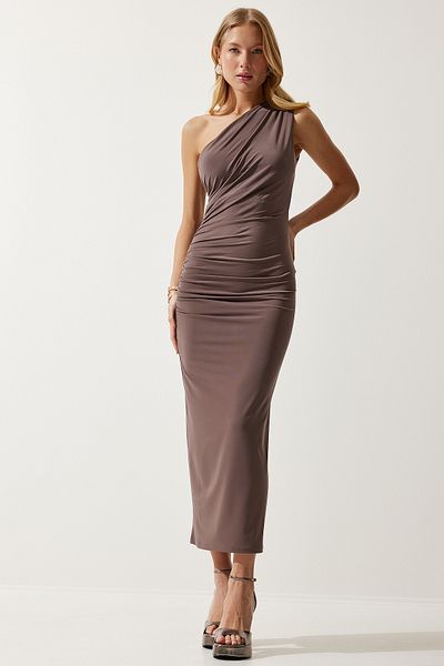 Happiness İstanbul Damen-Nerzkleid Saran Sandy mit One-Shoulder-Raffung DZ00117