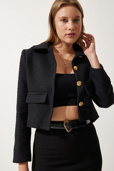 Happiness İstanbul Schwarzer kurzer Tweed-Blazer für Damen TO00039