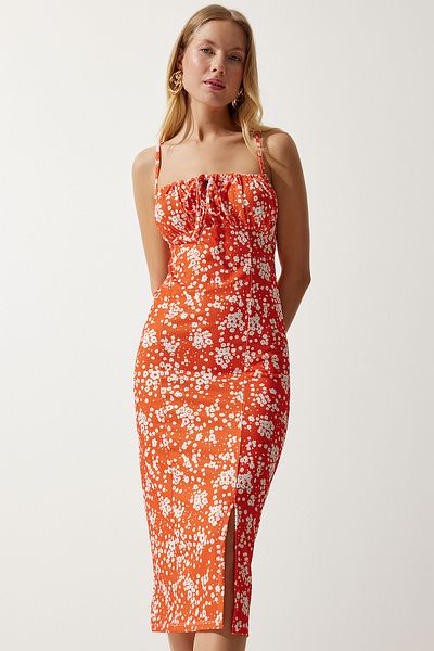 Happiness İstanbul Leuchtendes orange-weißes Sommer-Strickkleid mit Blumenmuster und Schlitz für Damen CI00029