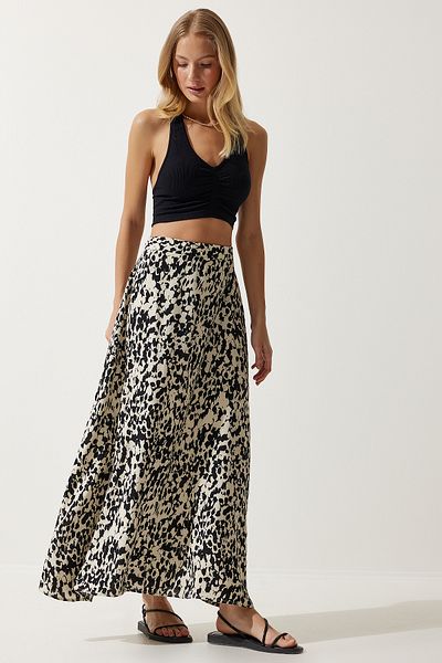 Happiness İstanbul Creme-schwarz gemusterter langer Viskoserock für Damen DD01302
