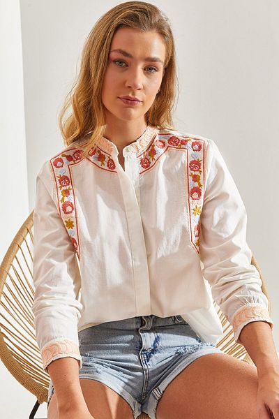 Bianco Lucci Leinenhemd mit besticktem Richterkragen für Damen60171050