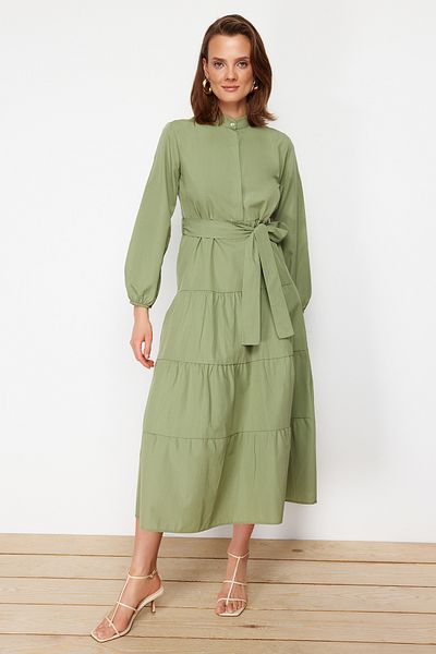 Trendyol Modest Svetlé kaki tkané šaty s opaskom na golieri TCTSS21EL3343
