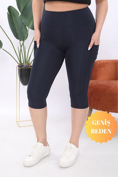 BANEGA Curve Women's Large Size Navy Blue High Waist Recovery Double Pocket Below the Knee Capri Leggings Capri