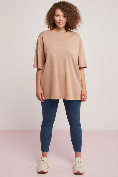 ETHIQUET Modest Vivian Women - 100% bawełna organiczna, okrągły dekolt, luźny krój, brązowy, T-shirt w dużym rozmiarze