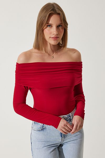 Happiness İstanbul Rote schulterfreie, geraffte Bluse für Damen FF00161