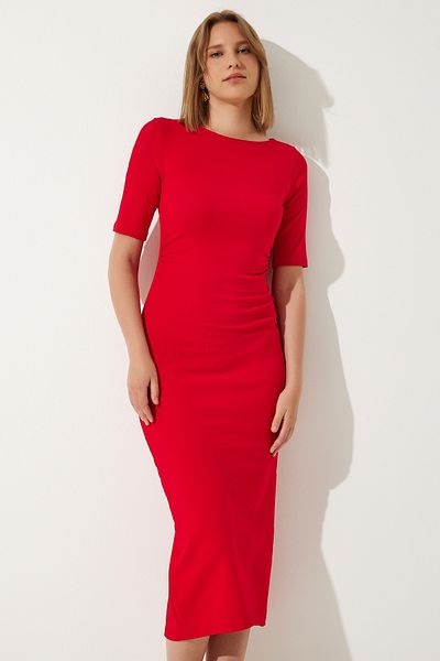 Happiness İstanbul Rotes Sommer-Strickkleid mit Raffung für Damen, UB00269