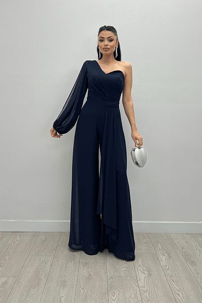 giyimmasalı Ολόσωμη φόρμα σιφόν Navy Blue με ένα μανίκι
