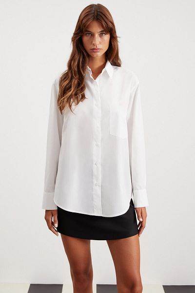 GRIMELANGE Celia Femei - Cămașă albă oversize 100% bumbac, cu un singur buzunar