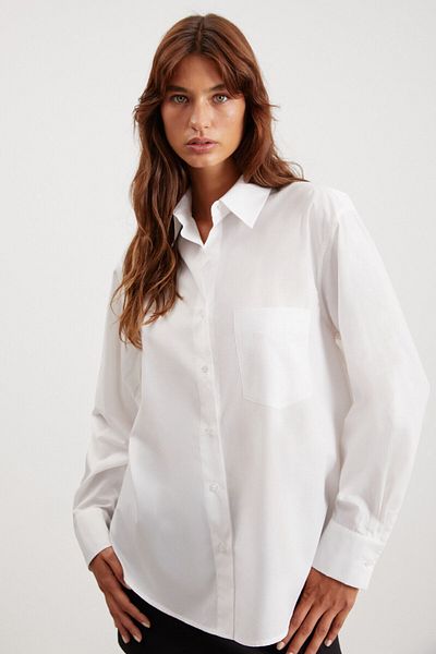 GRIMELANGE Celia Femei - Cămașă albă oversize 100% bumbac, cu un singur buzunar
