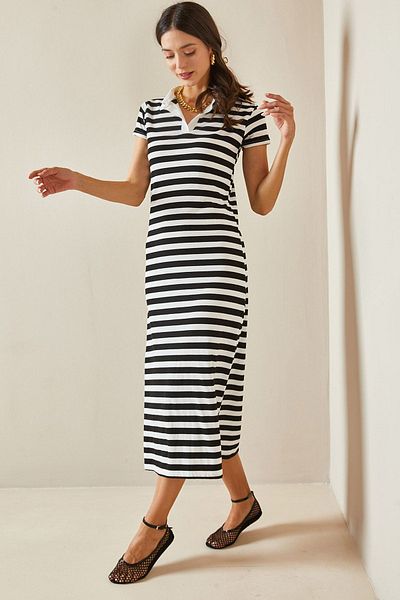 XHAN Schwarzes Midikleid mit Rollkragen und Streifen - 5YXK6-48699-02