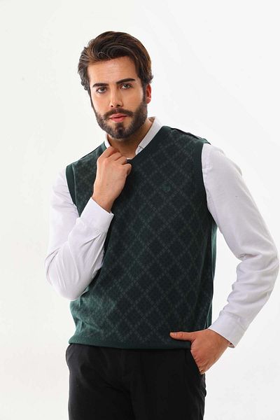 Pelikan Men's V-Neck Patterned Sweater 9614 Green