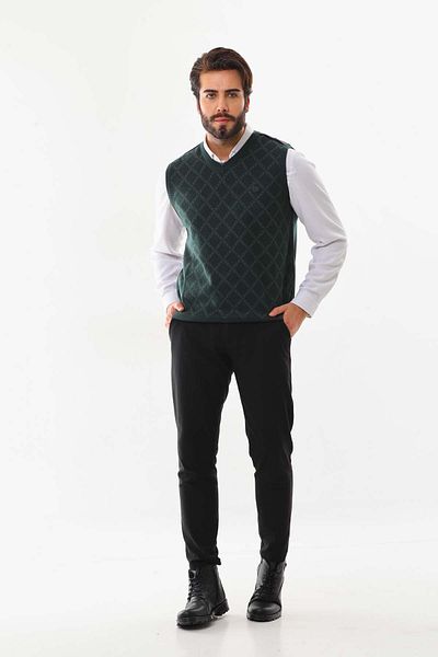 Pelikan Men's V-Neck Patterned Sweater 9614 Green