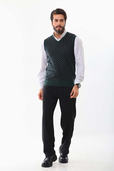 Pelikan Men's V-Neck Patterned Sweater 7623 Green