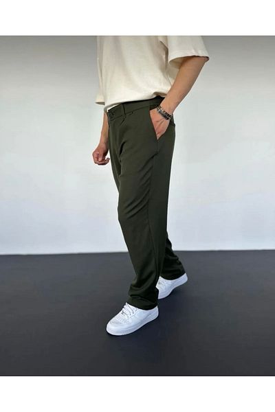 çerme Pantaloni largi cu pliuri kaki din material textil Ç13
