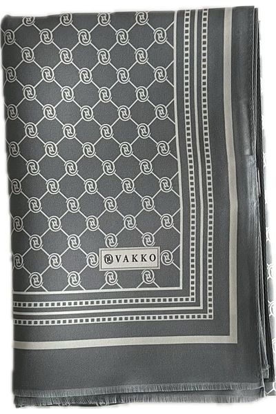 Vakko Monogram Silk Tivil Shawl Gri-Alb Seria Specială 300088