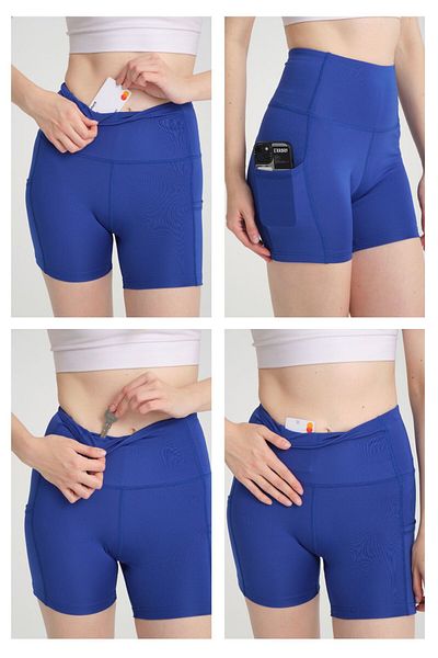 BANEGA Pantaloni scurți sport albastri cu talie înaltă - jambiere yoga cu buzunar dublu