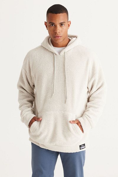 AC&Co / Altınyıldız Classics Męska beżowa bluza typu oversize z kapturem typu sherpa, polarowa