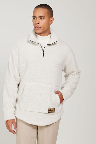 AC&Co / Altınyıldız Classics Męska beżowa bluza oversize o luźnym kroju ze stójką i kołnierzem typu bato, polarowa bluza typu sherpa