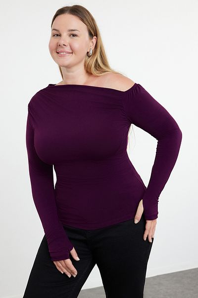 Trendyol Curve بلوزة محبوكة بلون البرقوق بكتف واحد - مقاس كبير TBBAW25AF00013