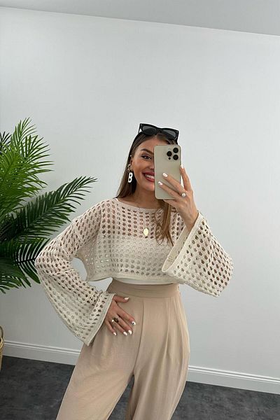 Meyga Butik ملابس تريكو قصيرة صيفية مخرمة بلون حجري