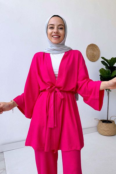 Ka Hijab طقم كيمونو مزدوج بحزام كم فقير - فوشيا