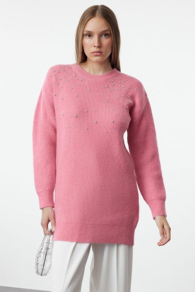 Trendyol Modest Light Pink Stone Detailed Soft Knitwear Sweater - TCTAW25AK00015