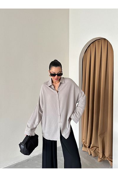 Laluvia Graues Leinen-Oversize-Shirt - schulterfrei