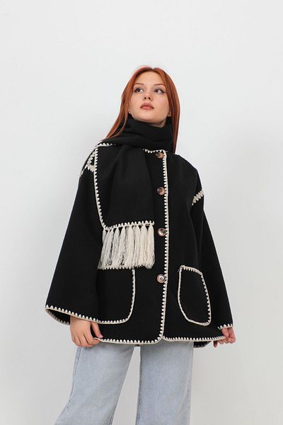 ZF BUTİK Stamp Coat - Schwarze bestickte Damenjacke mit Schal