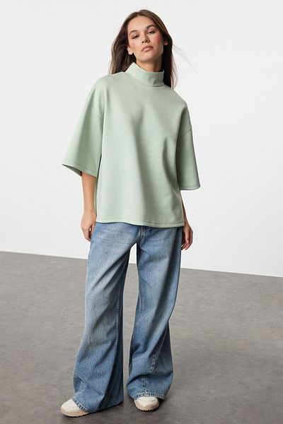 Trendyol Collection Menta színű, nagyméretű állógallér, háromnegyedes ujjú pulóver - TWOAW25SW00016