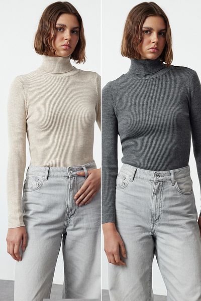 Trendyol Collection Anthracite and Beige Knitwear Sweater - TWOAW22KZ1767