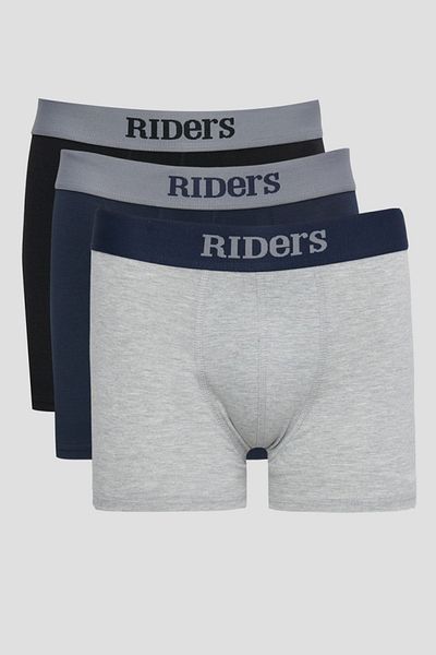 Riders by Lee طقم بوكسر من القطن المرن مكون من 3 قطع - رمادي، مزيج، أزرق داكن، أسود، مع شعار