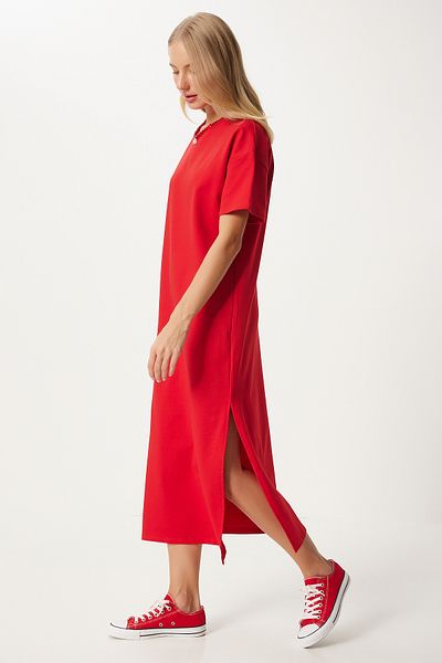 Happiness İstanbul Rotes Sommerkleid aus Baumwolle UB00080 - Lässige gekämmte Baumwolle