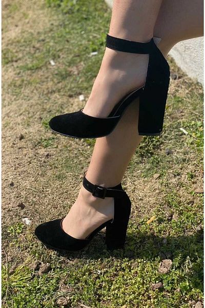 salto ayakkabı Pantofi cu toc din piele intoarsa neagra cu catarama