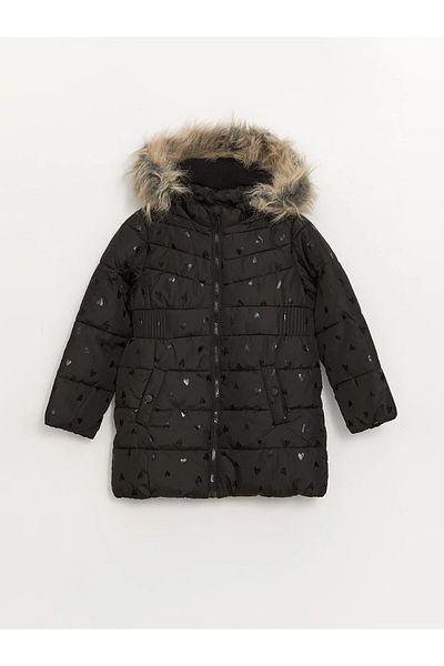 LC Waikiki Girl's Navy Blue Printed Hooded Coat