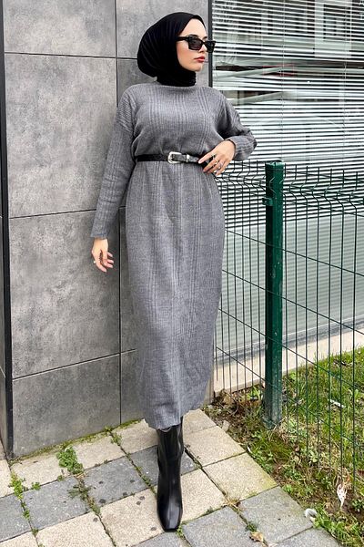 Şule Giyim فستان تريكو مضلع مدخن